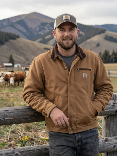 Cole, 38, West Virginia cattle rancher leaning on fence post with Appalachian mountain pastures behind him