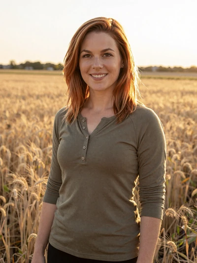 Emily, 36, Indiana wheat farmer standing in golden field at sunset