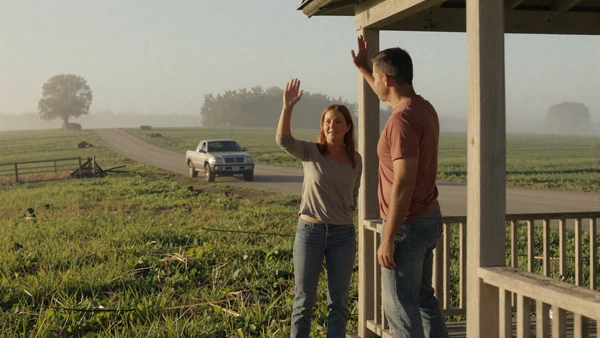 Farming couple saying goodbye on a country porch, long-distance farm relationships