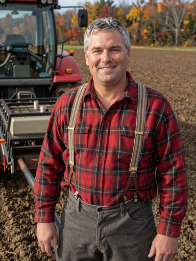 Dale, 50, Maine potato farmer standing near harvest equipment in Aroostook County wearing red plaid flannel