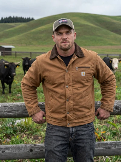 Brett, 41, Wisconsin cattle rancher leaning on fence with Black Angus cattle on green Wisconsin hills