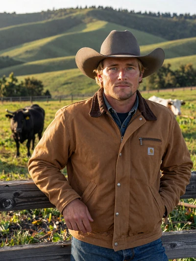 Clay, 42, Arkansas cattle rancher leaning on fence with Angus cattle in the Ozark hills