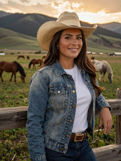 Megan, 33, Montana rancher woman leaning against a fence post with horses grazing in a mountain pasture at sunset
