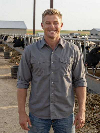 Garrett, a 44-year-old feedlot operations manager standing near cattle pens at a large Kansas feedlot operation