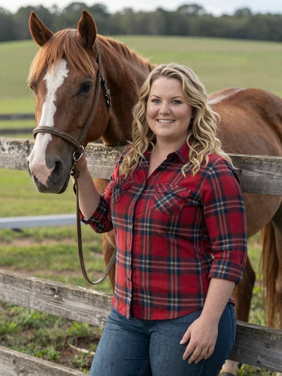 Caroline, 35, Alabama horse and cattle rancher smiling by a corral in Butler County