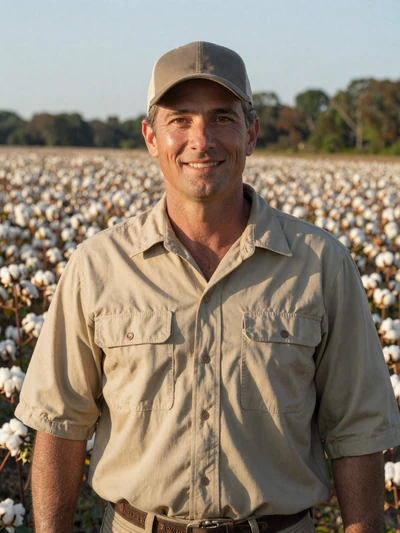 James, 47, Alabama cotton farmer standing at the edge of a ripe cotton field in Dallas County