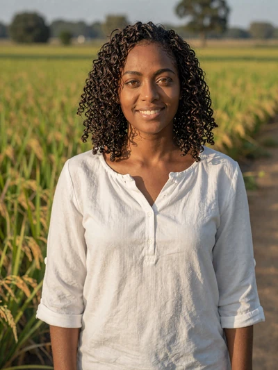 Jasmine, 31, Arkansas rice farmer smiling in green paddy field in the Delta region