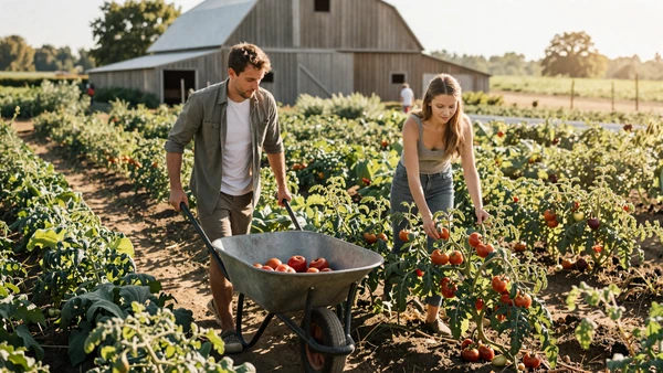 Farming couple working together in a vegetable garden, partnership on the farm