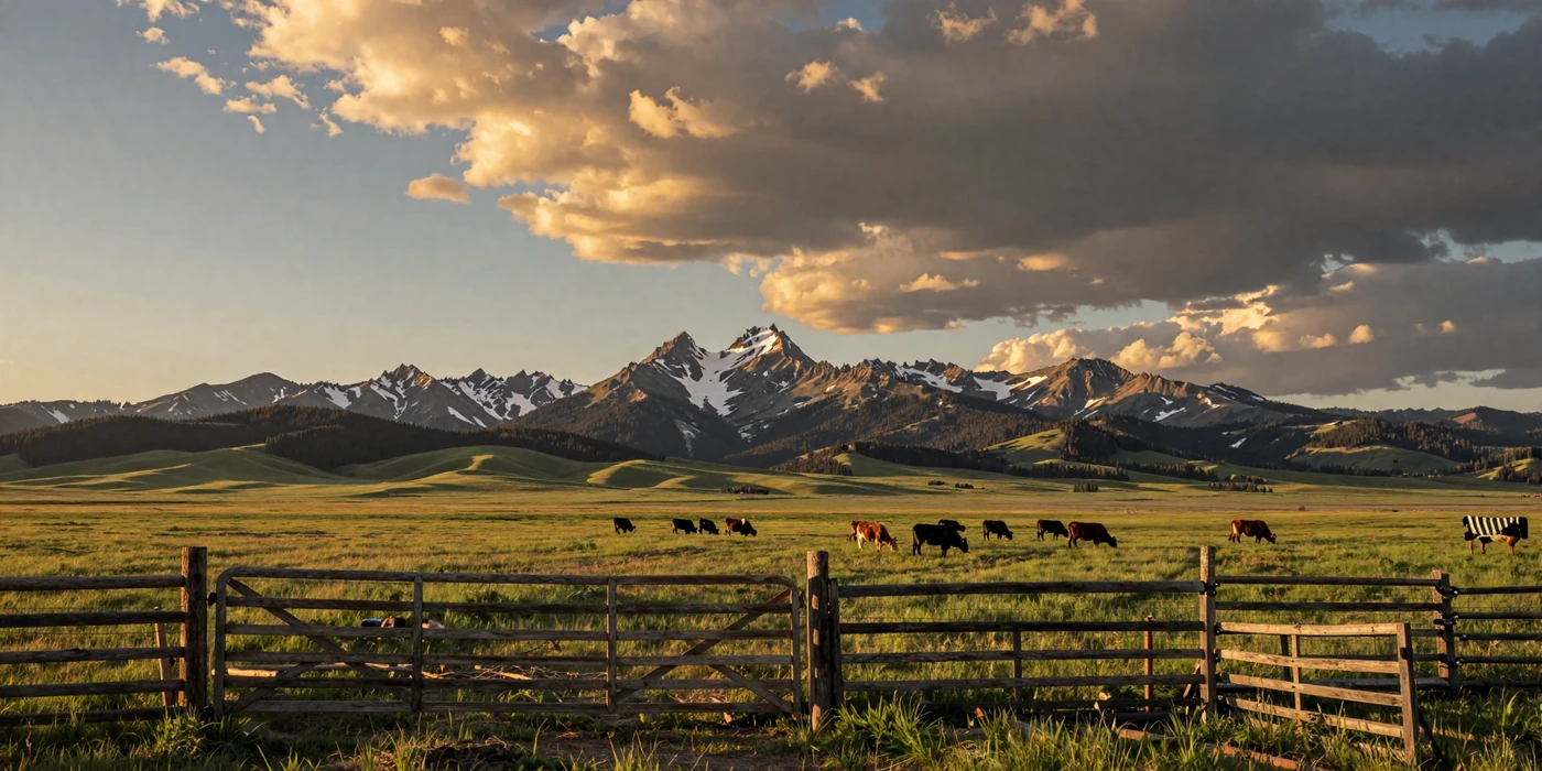 Montana Big Sky Country ranch at golden hour with vast grasslands stretching to snow-capped Rocky Mountains and cattle grazing near a rustic wooden fence