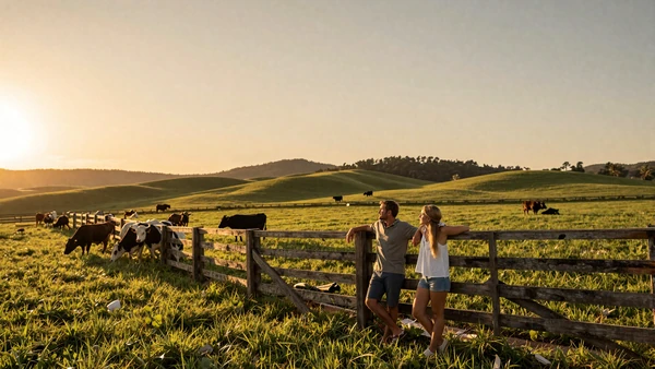 Farmer and woman leaning on a wooden fence watching cattle at sunset, what to expect when dating a farmer