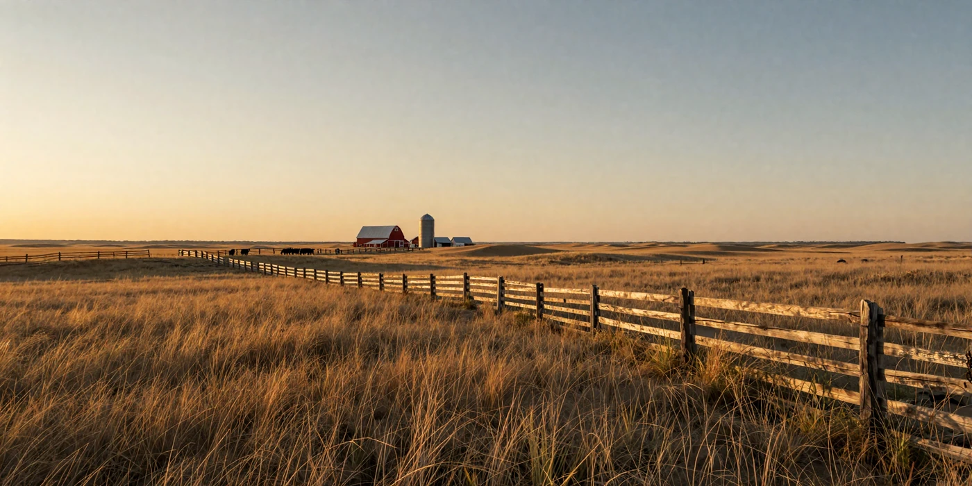 Nebraska Sandhills prairie at golden hour with cattle ranch and red barn on the distant Great Plains horizon
