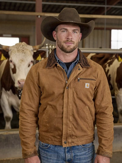 Tyler, 39, California dairy farmer standing in barn with Holstein cows in Tulare County