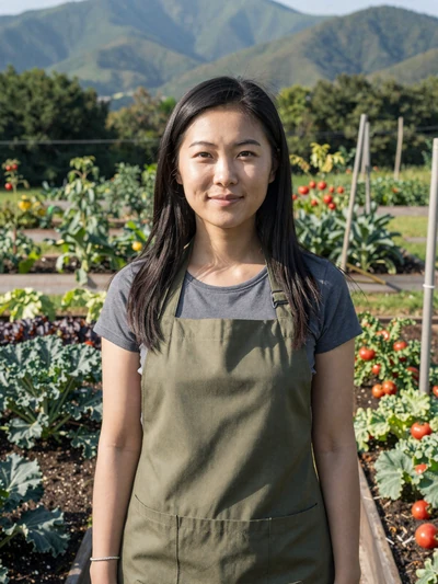 Mei, 33, North Carolina organic farmer smiling in a mountain vegetable garden in Buncombe County