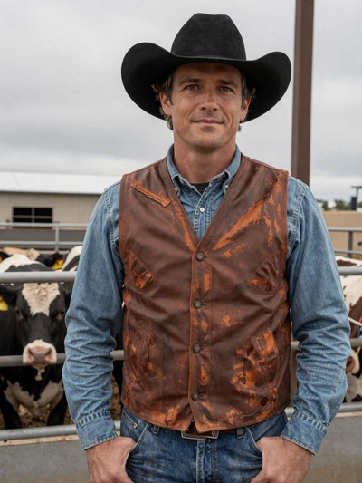 Brett, 45, Kansas feedlot manager standing in cattle pen with Hereford cows in Ford County