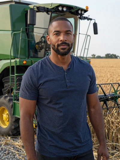 Marcus, a 44-year-old successful grain farmer standing beside modern equipment in vast Iowa soybean fields