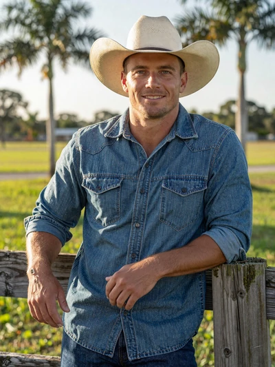 Jake, 38, Florida cattle rancher smiling near a fence with green pasture and palm trees in Okeechobee County