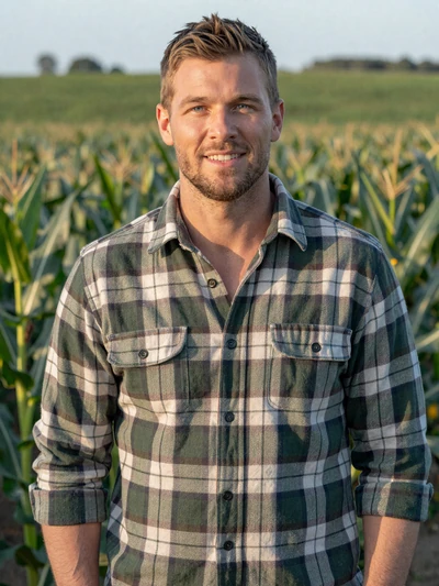 Jake, 34, Indiana corn farmer smiling in front of a cornfield near Tippecanoe County