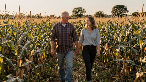 Farming couple holding hands walking through a sunlit cornfield, how to date a farmer guide