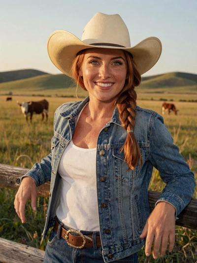 Rachel, 33, Kansas cattle rancher smiling at wooden fence with Flint Hills grassland behind her