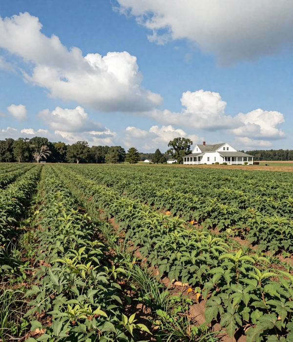 Lush green sweet potato field in eastern North Carolina with a white farmhouse in the background under a bright blue sky