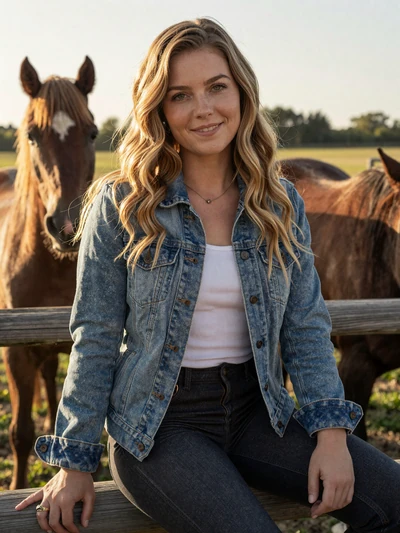 Shelby, a 31-year-old country woman from Tennessee sitting on a farm fence with horses behind her