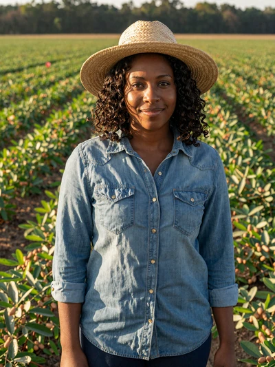 Tamara, 32, Alabama peanut and cotton farmer smiling in a green peanut field in Houston County