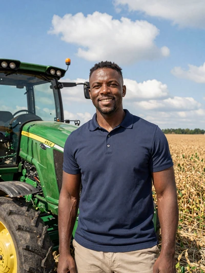 Andre, a 35-year-old Black farmer standing next to a tractor in a soybean field in Missouri