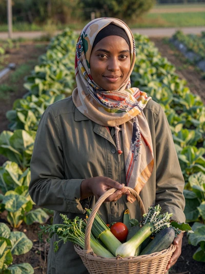 Amina, a 34-year-old Somali-American organic farmer holding fresh produce at her Minnesota farm