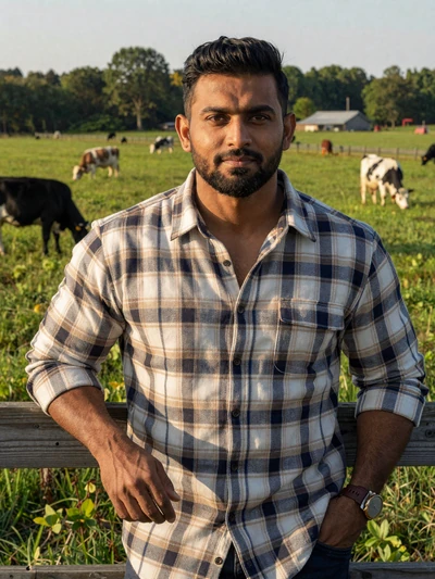 Raj, a 42-year-old Indian-American dairy farmer leaning on a fence with cows in a Wisconsin pasture