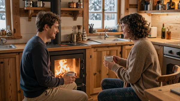 Couple sitting by a woodstove in a rustic farmhouse kitchen with mugs of hot cocoa, winter dating season for farmers