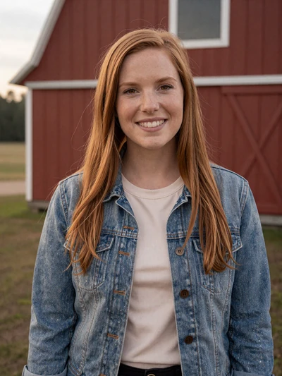 Megan, 28, Arkansas poultry farm manager smiling outside a red barn in Benton County