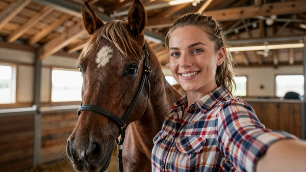 Young farmer taking a selfie with her horse in a barn for her dating profile